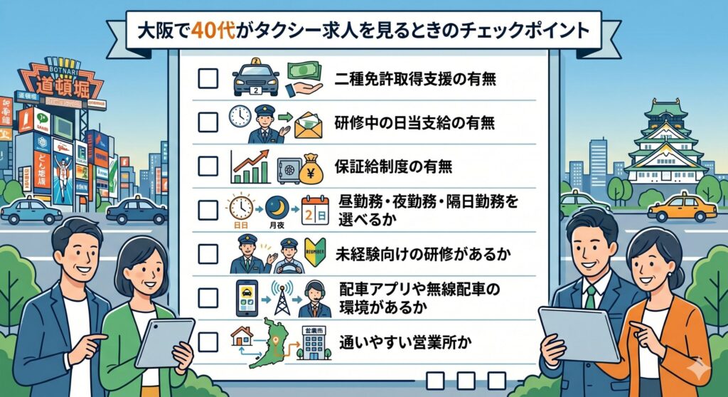 大阪で40代がタクシー求人を見るときのチェックポイント