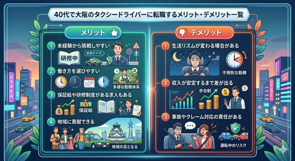 40代で大阪のタクシードライバーに転職するメリット・デメリット一覧