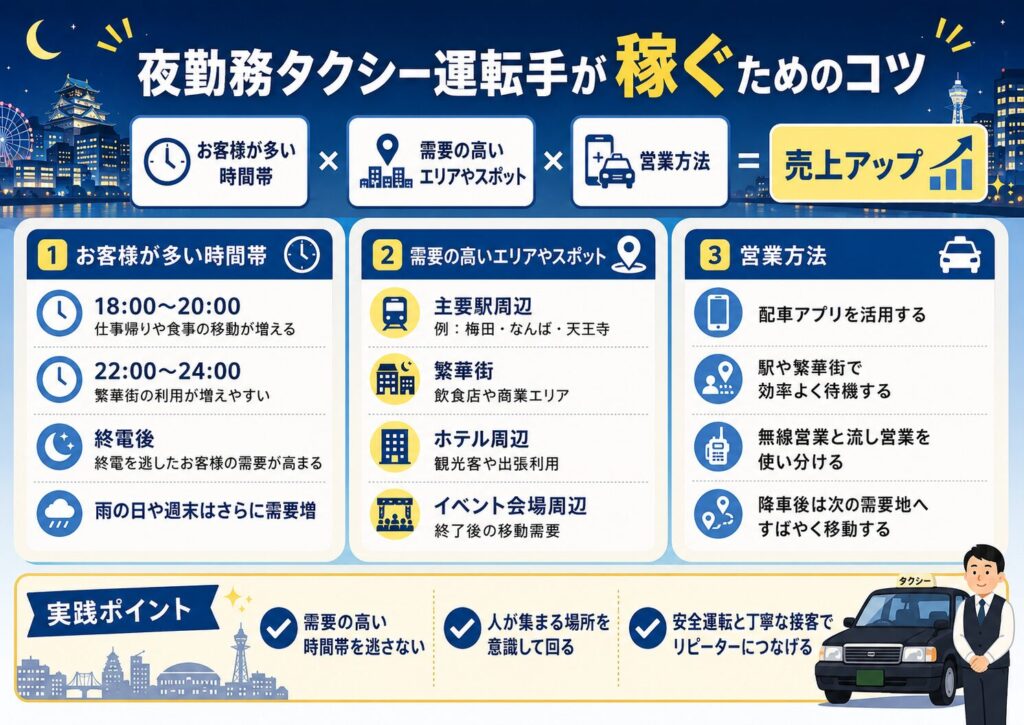 夜勤務タクシー運転手が稼ぐためのコツ