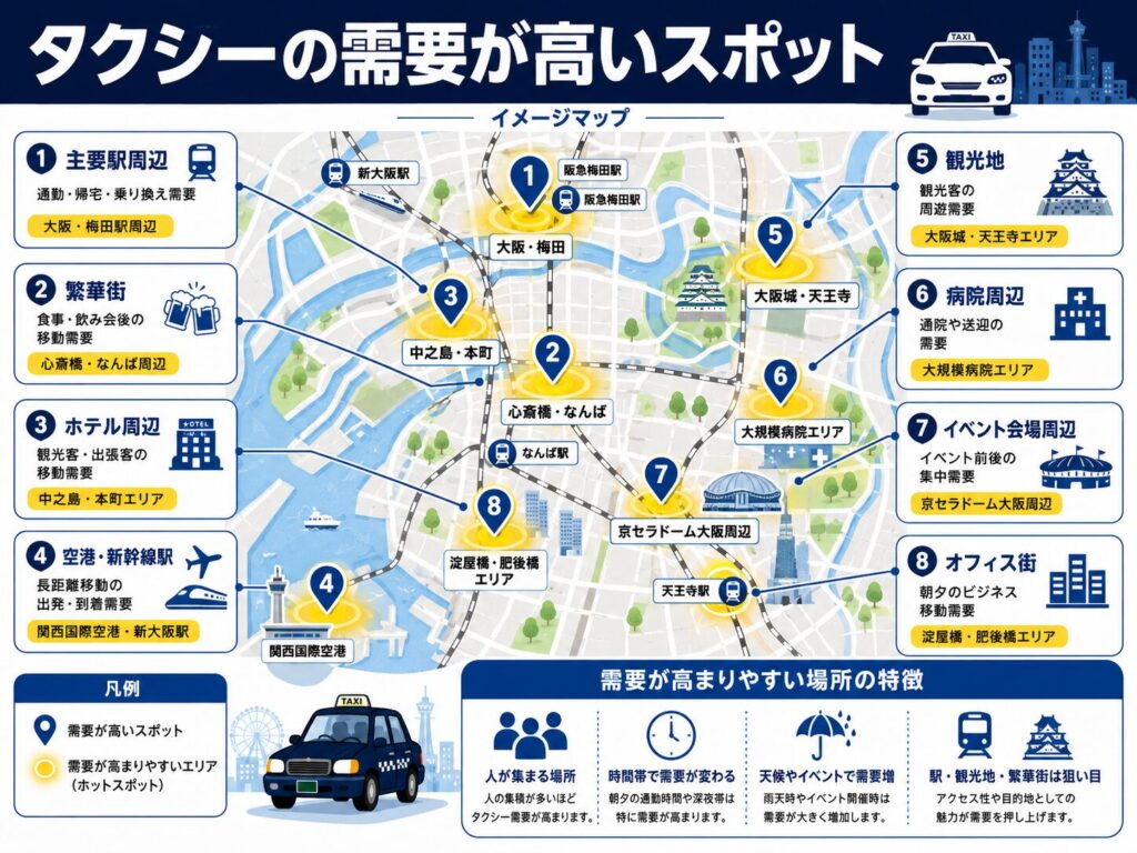 タクシーの需要が高いスポット